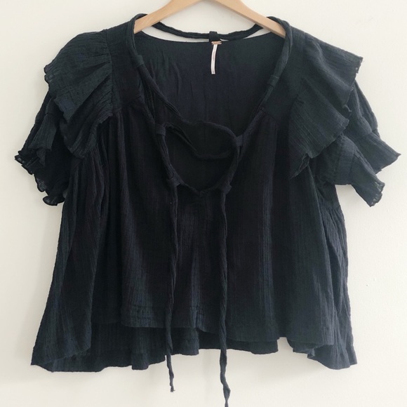 Free People Tops - Free People Black Flowy Lace Up Top Ruffled BOHO
